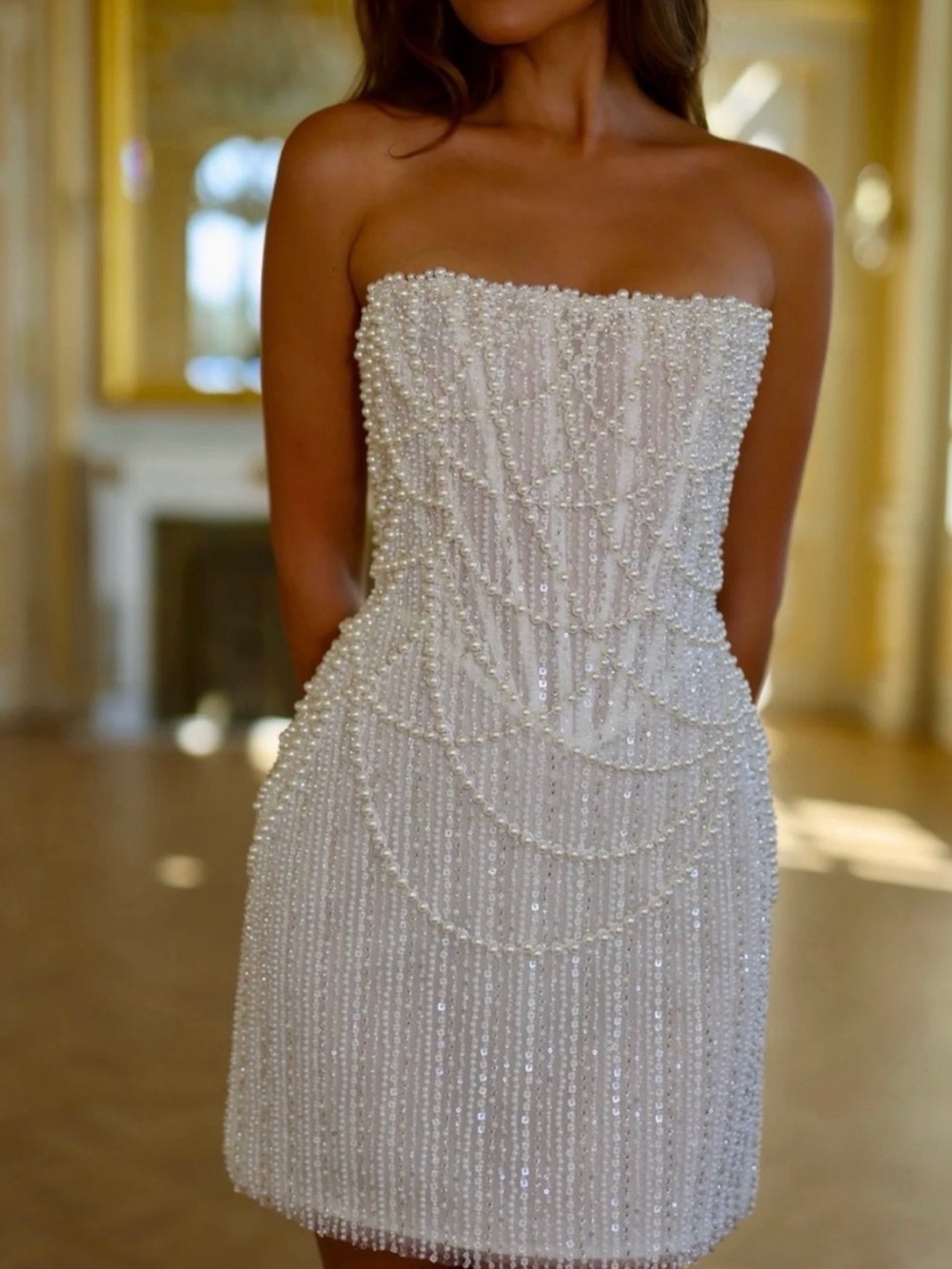 Beaded Strapless Ivory Party Dress